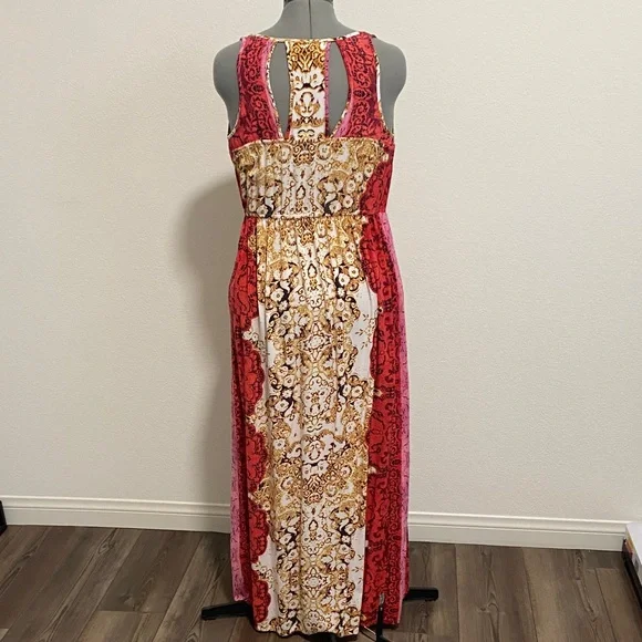 Summer Dress Maxi Medium Red White Pink Gold Multicolor Boho - Picture 2 of 3
